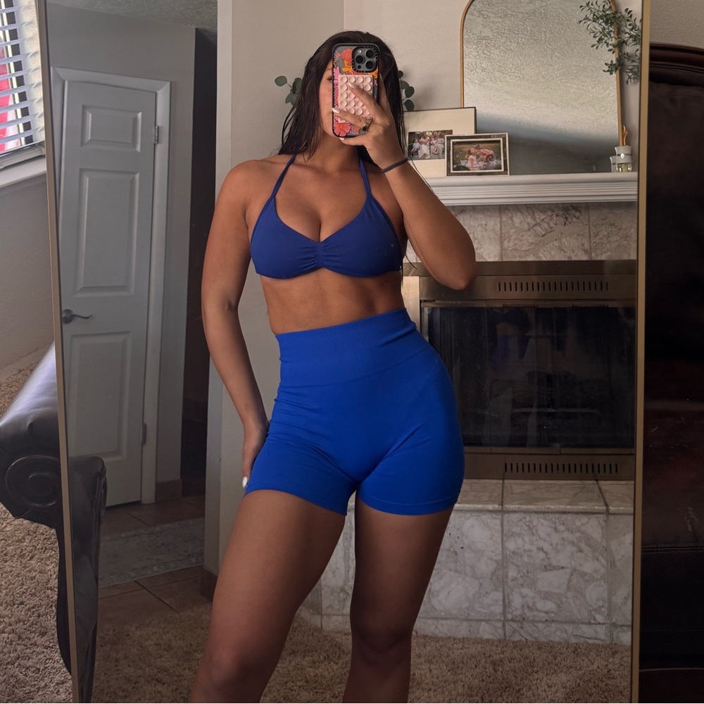 Blue Halter Sports Bra and Shorts Set